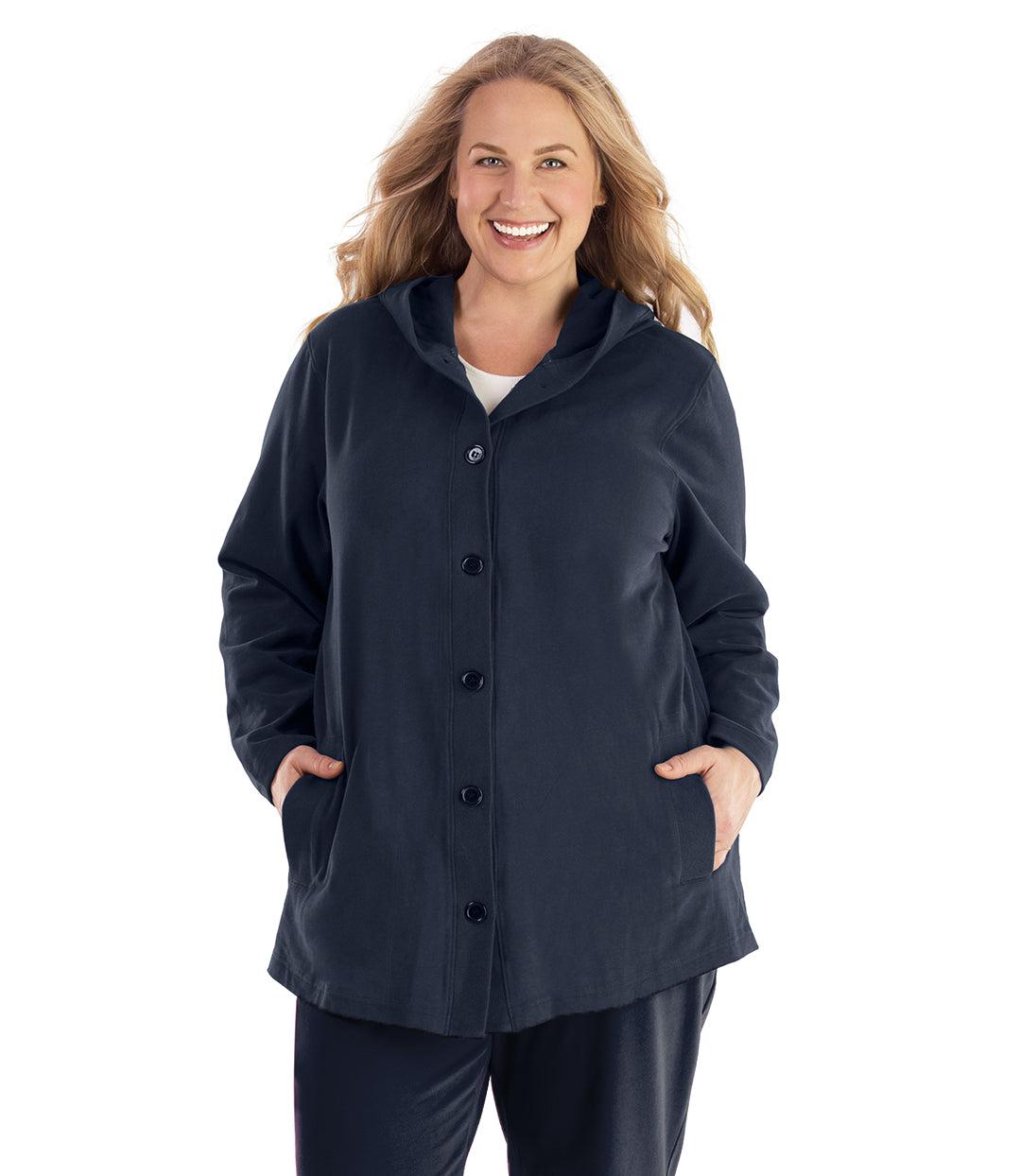 Plus size woman, facing front, wearing JunoActive plus size Legacy Cotton Casual Button Up Hoodie in the color Navy Blue. She is wearing JunoActive Plus Size Leggings in the color Black.