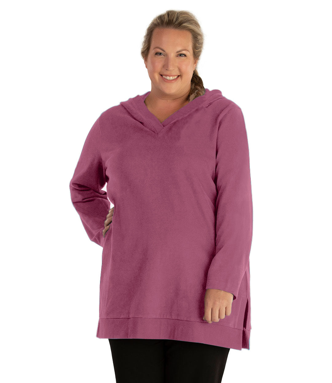 Plus size woman, facing front, wearing JunoActive plus size Legacy Cotton Casual Pullover V-Neck Hoodie in the color Dusty Rose. She is wearing JunoActive Plus Size Leggings in the color Black.