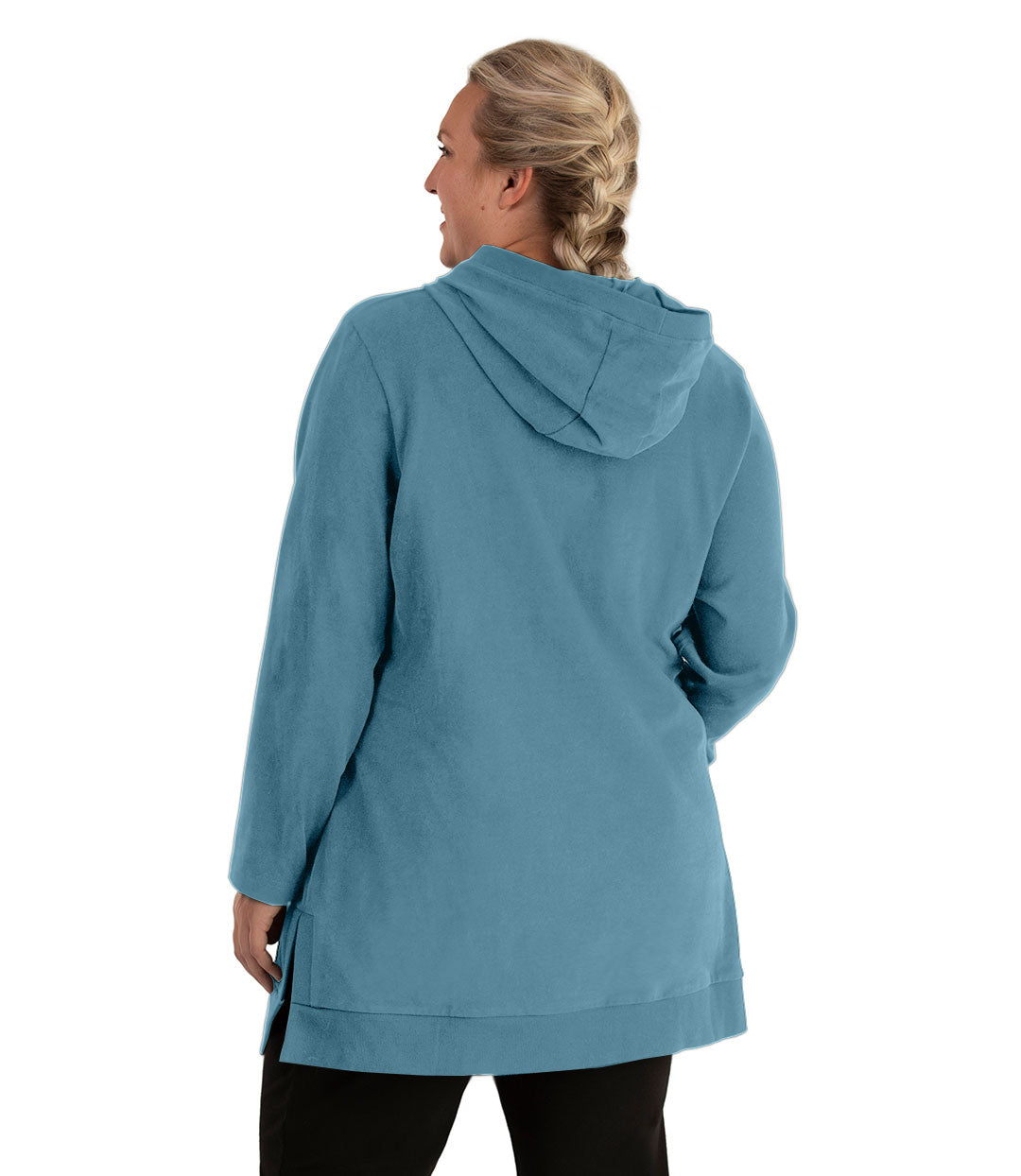 Plus size woman, facing back looking left, wearing JunoActive plus size Legacy Cotton Casual Pullover V-Neck Hoodie in the color Arctic Blue. She is wearing JunoActive Plus Size Leggings in the color Black.