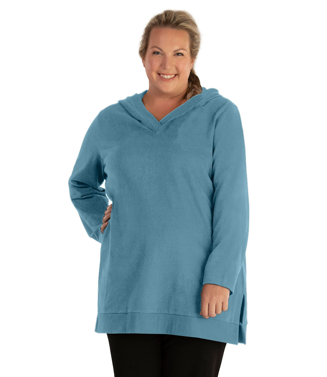 Plus size woman, facing front, wearing JunoActive plus size Legacy Cotton Casual Pullover V-Neck Hoodie in the color Arctic Blue. She is wearing JunoActive Plus Size Leggings in the color Black.