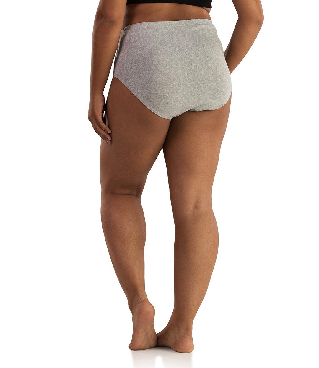 Bottom half of plus sized woman, back view, wearing JunoActive Junowear Cotton Stretch Classic Brief in heather grey. This brief fits to the waistline with conservative leg opening.