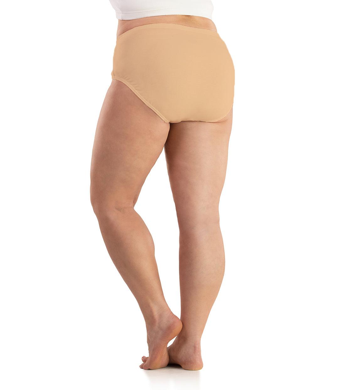 Bottom half of plus sized woman, back view, wearing JunoActive Junowear Cotton Stretch Classic Brief in taupe. This brief fits to the waistline with conservative leg opening.