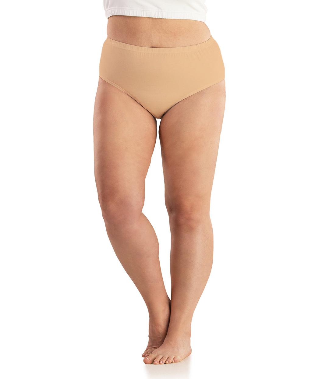 Bottom half of plus sized woman, facing front, wearing JunoActive Junowear Cotton Stretch Classic Brief in Taupe. This brief fits to the waistline with conservative leg opening.