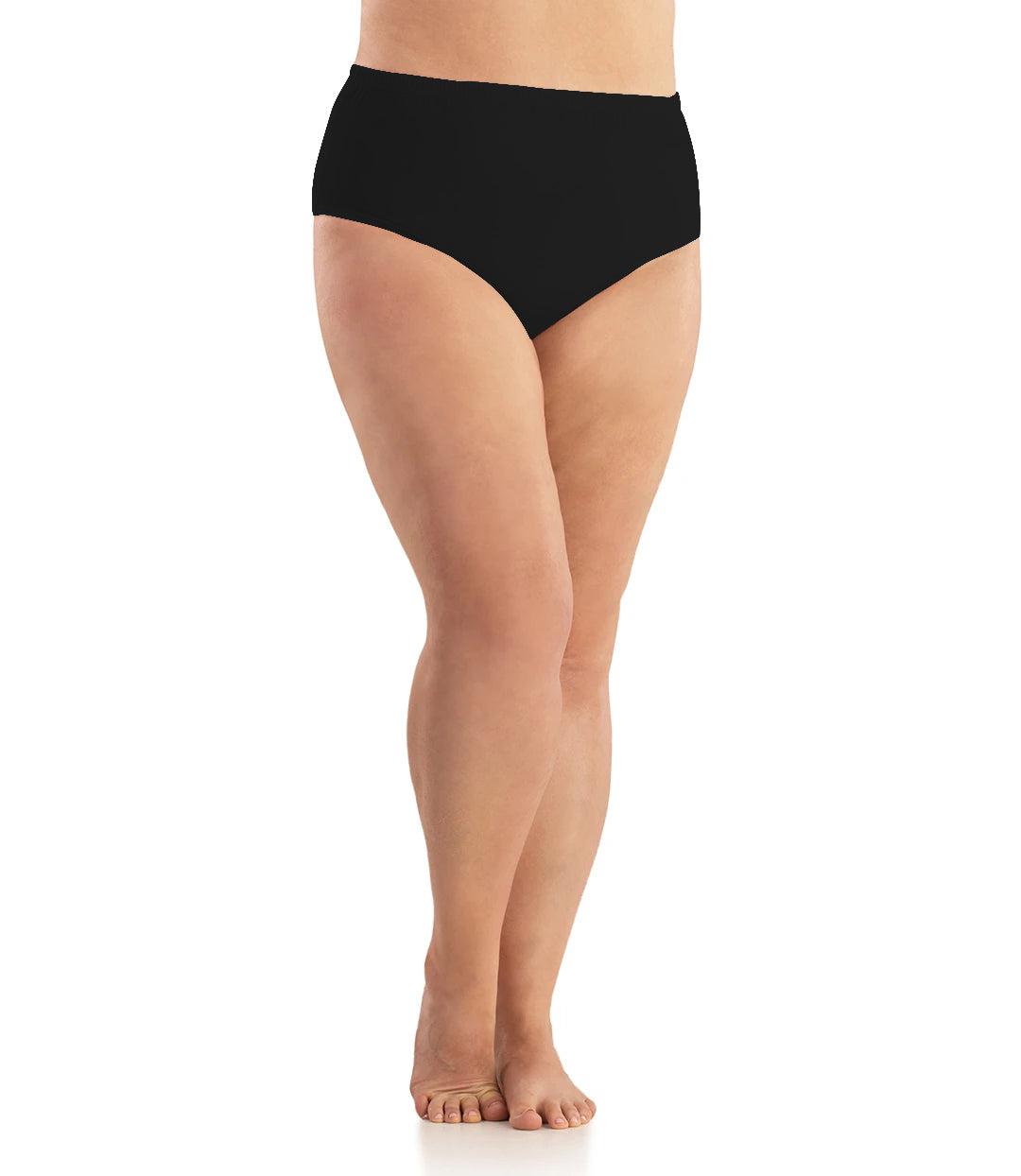 Bottom half of plus sized woman, facing front, wearing JunoActive Junowear Cotton Stretch Classic Brief in black. This brief fits to the waistline with conservative leg opening.