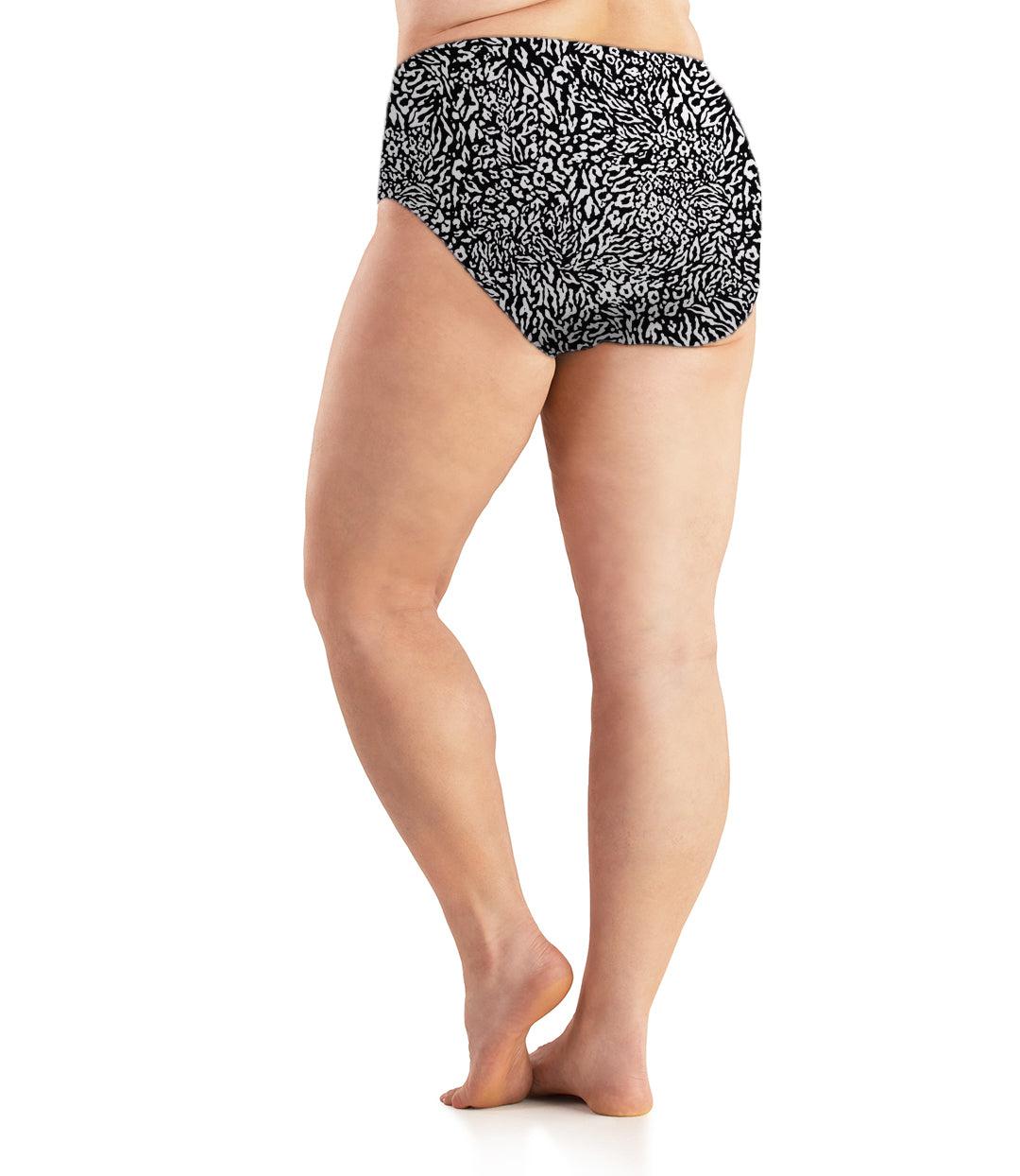 Bottom half of plus sized woman, back view, wearing JunoActive Junowear Cotton Stretch Classic Brief in wild print. This brief fits to the waistline with conservative leg opening. Wild print is a black print with white animal spots.