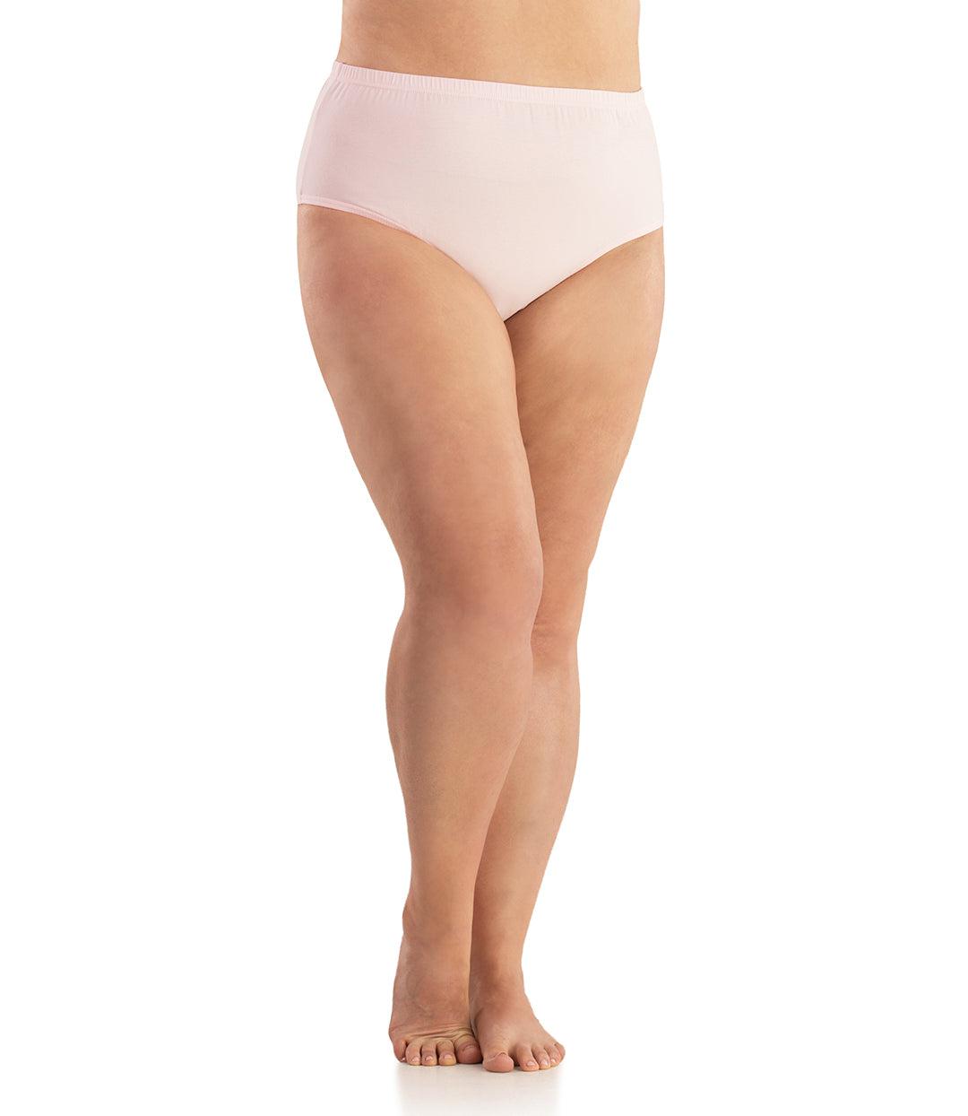 Bottom half of plus sized woman, facing front, wearing JunoActive Junowear Cotton Stretch Classic Brief in light pink. This brief fits to the waistline with conservative leg opening.