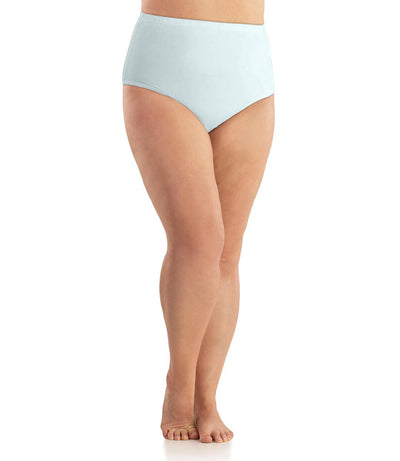 Bottom half of plus sized woman, facing front, wearing JunoActive Junowear Cotton Stretch Classic Full Fit Brief in light blue. This brief has a high waist fit with conservative leg opening.