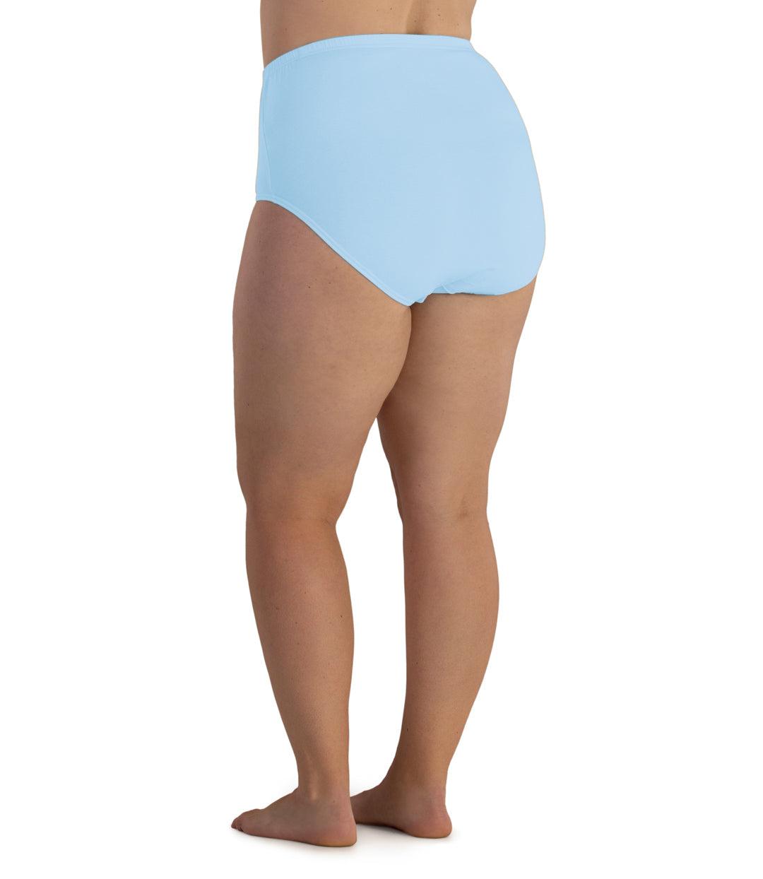 Bottom half of plus sized woman, back view, wearing JunoActive Junowear Cotton Stretch Classic Full Fit Brief in bluebell. This brief has a high waist fit with conservative leg opening.