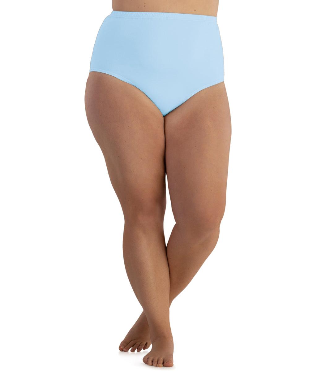 Bottom half of plus sized woman, facing front, wearing JunoActive Junowear Cotton Stretch Classic Full Fit Brief in bluebell. This brief has a high waist fit with conservative leg opening.