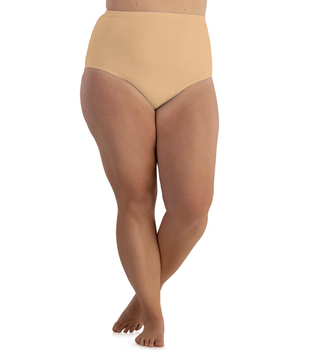 Bottom half of plus sized woman, facing front, wearing JunoActive Junowear Cotton Stretch Classic Full Fit Brief in Taupe. This brief has a high waist fit with conservative leg opening.