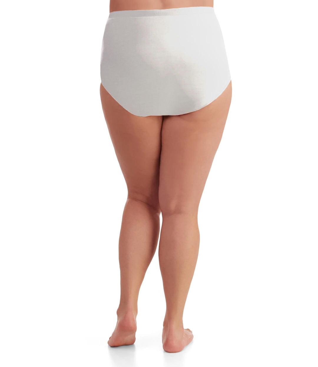 Bottom half of plus sized woman, back view, wearing JunoActive Junowear Cotton Stretch Classic Full Fit Brief in white. This brief has a high waist fit with conservative leg opening.