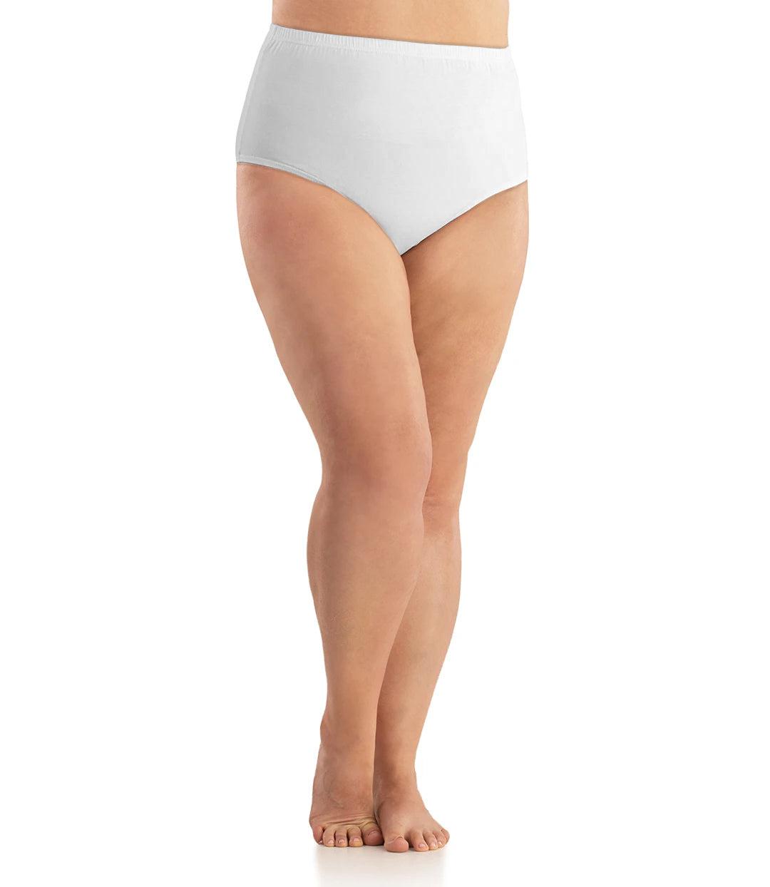 Bottom half of plus sized woman, facing front, wearing JunoActive Junowear Cotton Stretch Classic Full Fit Brief in white. This brief has a high waist fit with conservative leg opening.