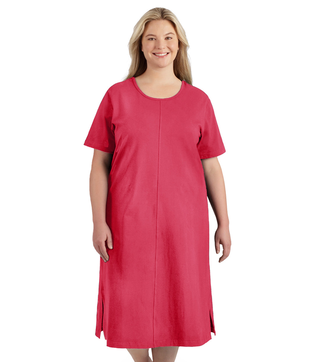 Plus size woman, facing to the front, wearing JunoActive plus size Stretch Naturals Short Sleeve Dress in the color Coraline. 