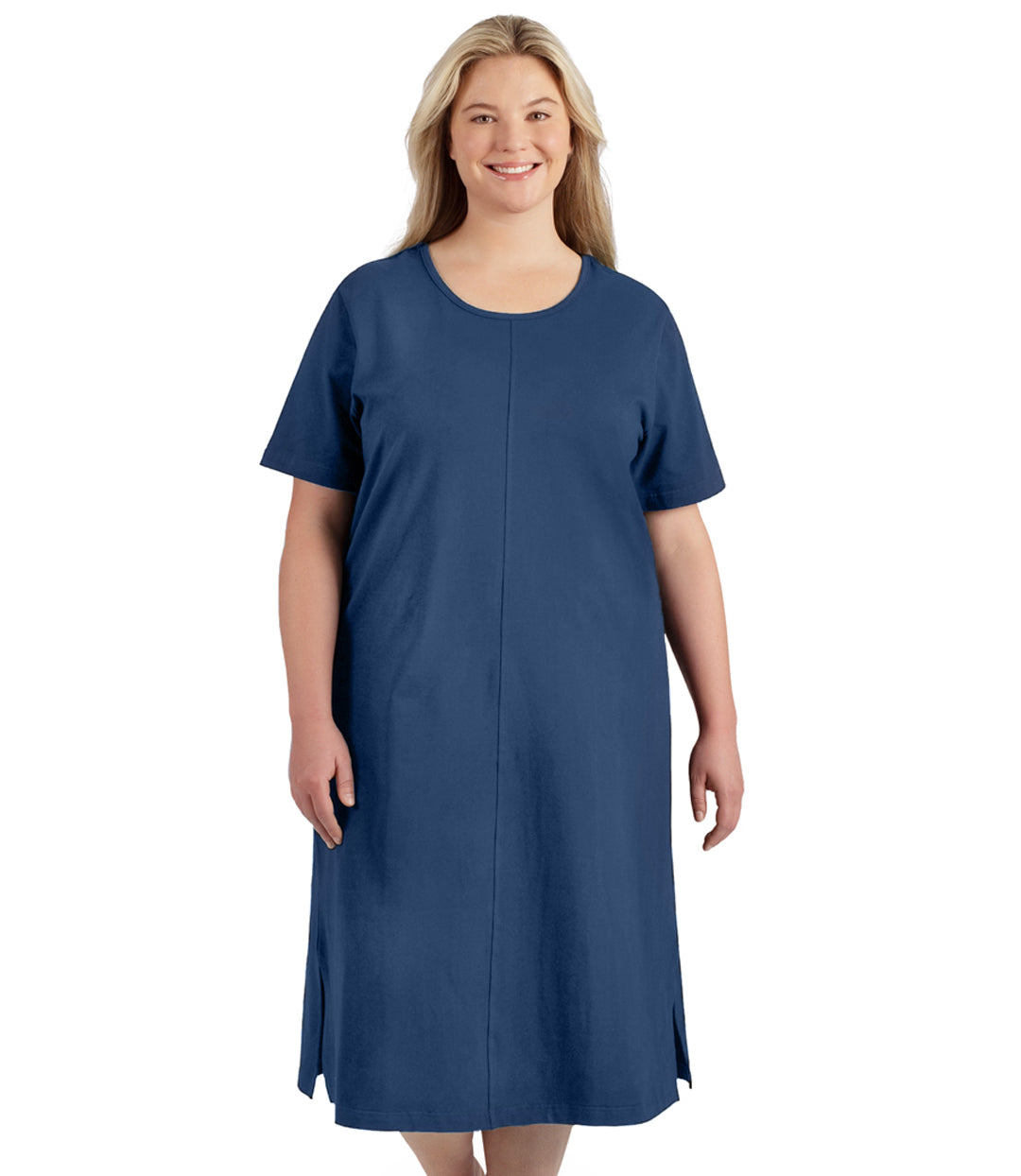 Plus size woman, facing front, wearing JunoActive plus size Stretch Naturals Short Sleeve Dress in the color french blue.