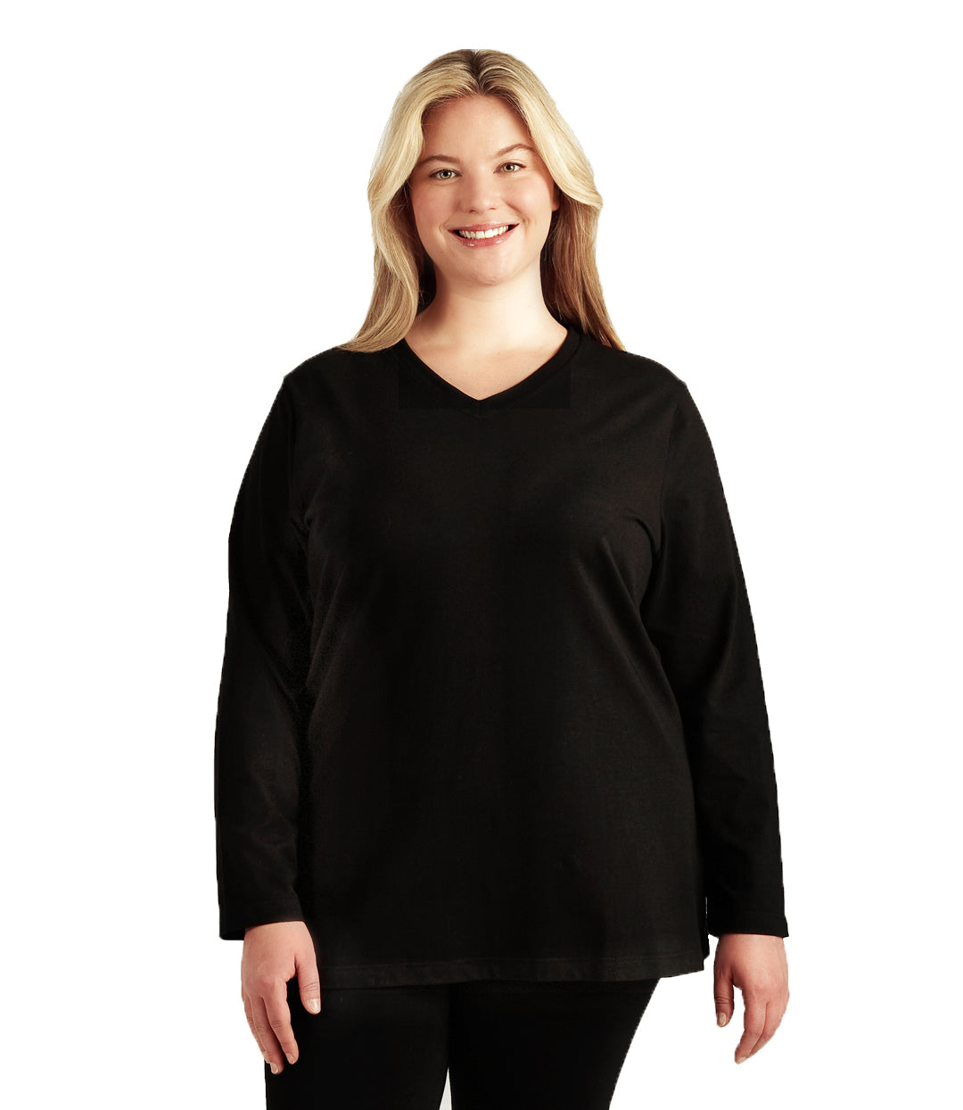 Plus size woman, facing front, wearing JunoActive plus size Stretch Naturals Long Sleeve V-Neck Top in the color Black. She is wearing JunoActive Plus Size Leggings in the color Black.