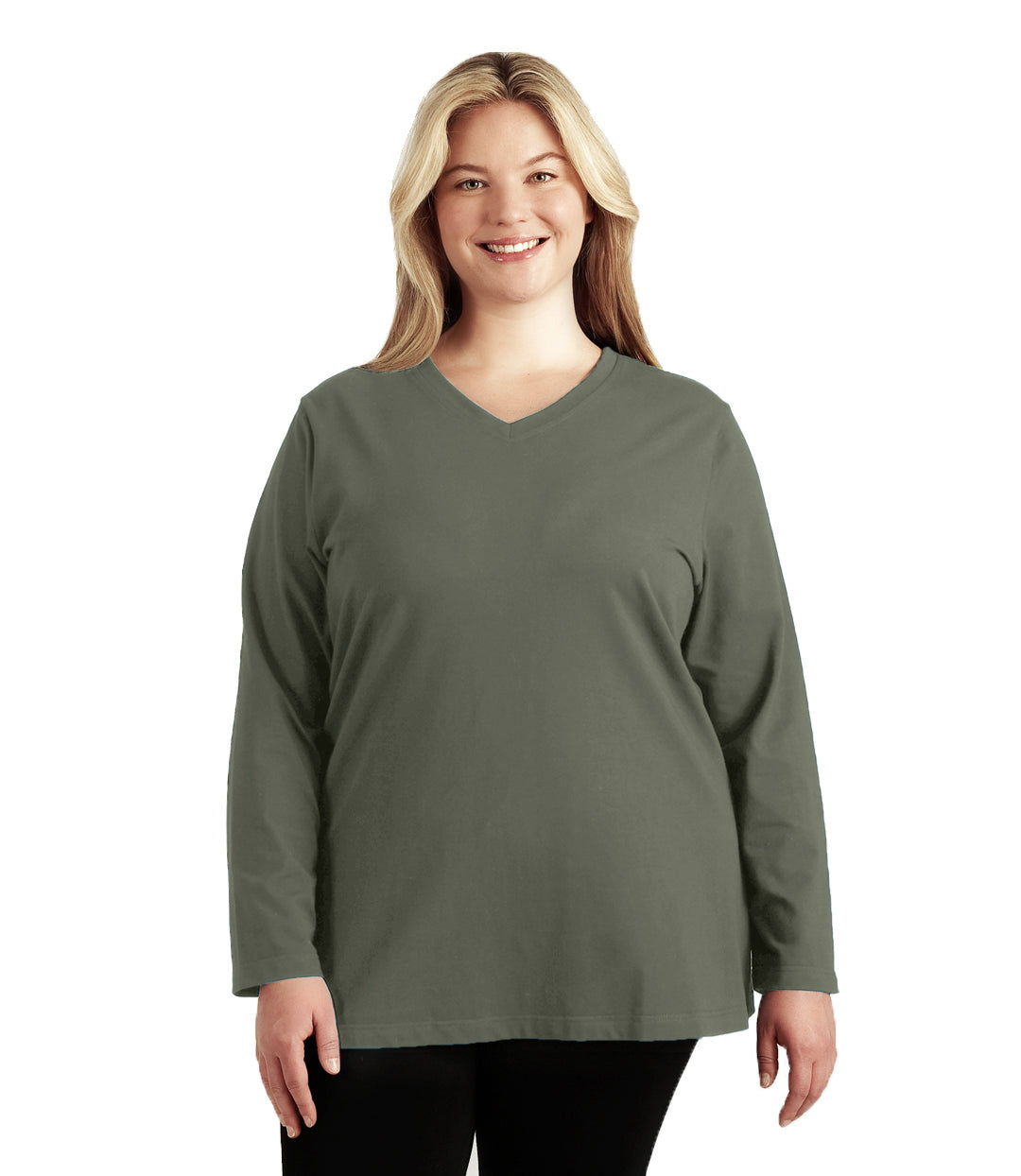 Plus size woman, facing front, wearing JunoActive plus size Stretch Naturals Long Sleeve V-Neck Top in the color Moss Green. She is wearing JunoActive Plus Size Leggings in the color Black.