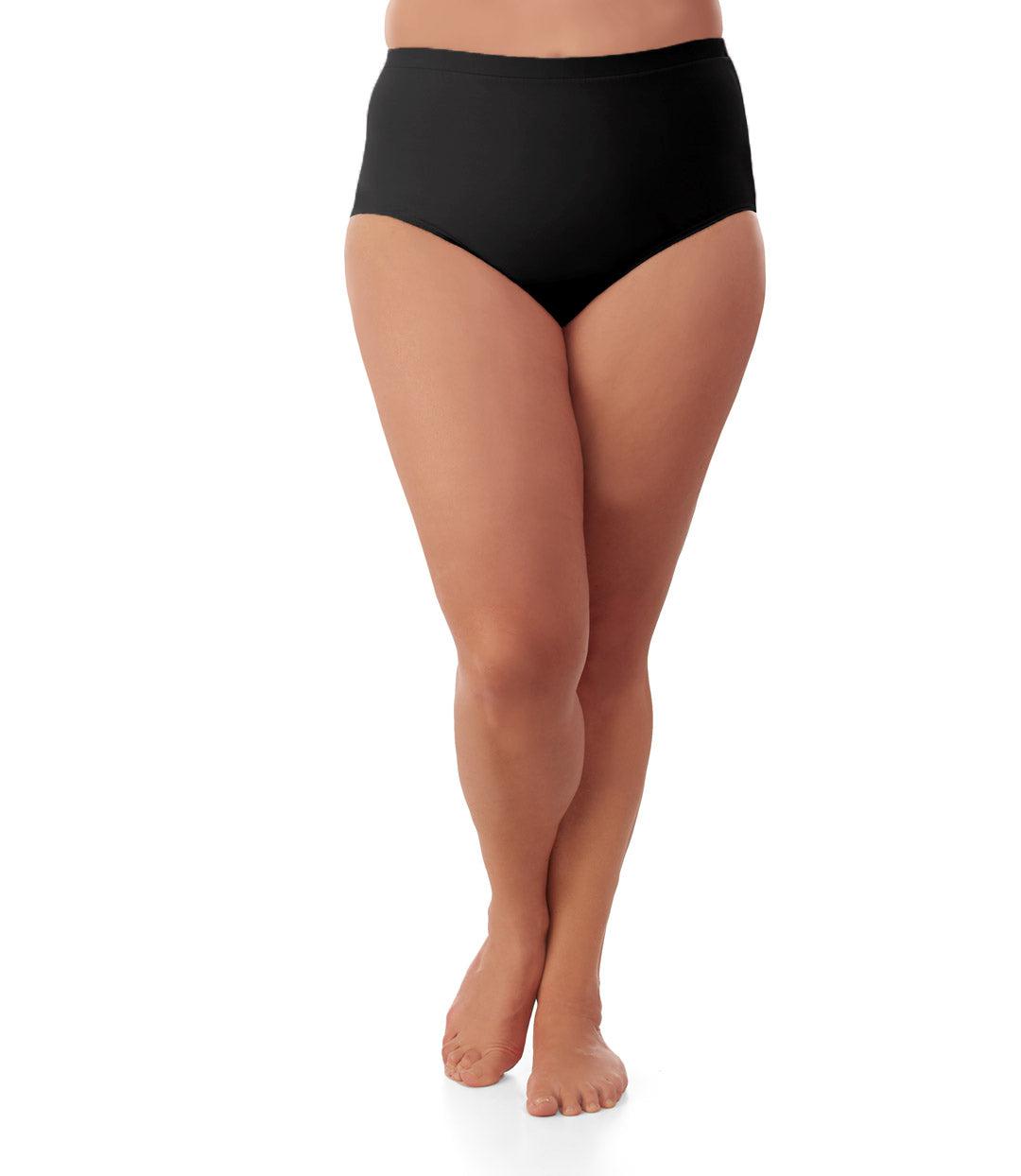 Bottom half of plus sized woman, facing front, wearing JunoActive Junowear Hush Briefs in black. This brief fits to the waistline with conservative leg opening.