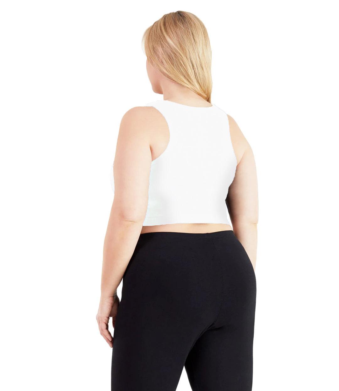 Plus size woman, facing back, wearing JunoActive plus size UltraKnit V-Neck Bras in White. The woman is wearing a pair of Black JunoActive leggings.