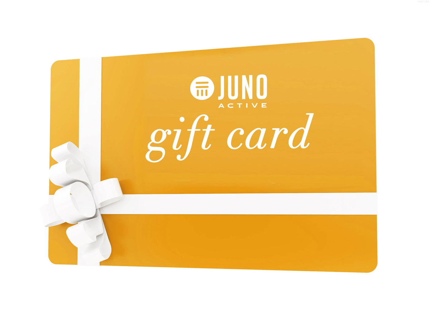 Orange rectangle with rounded corners. There is a white ribbon wrapped around all for sides with a bow in lower left side.  There is a white copy that includes the JunoActive logo and under the logo is, "gift card".